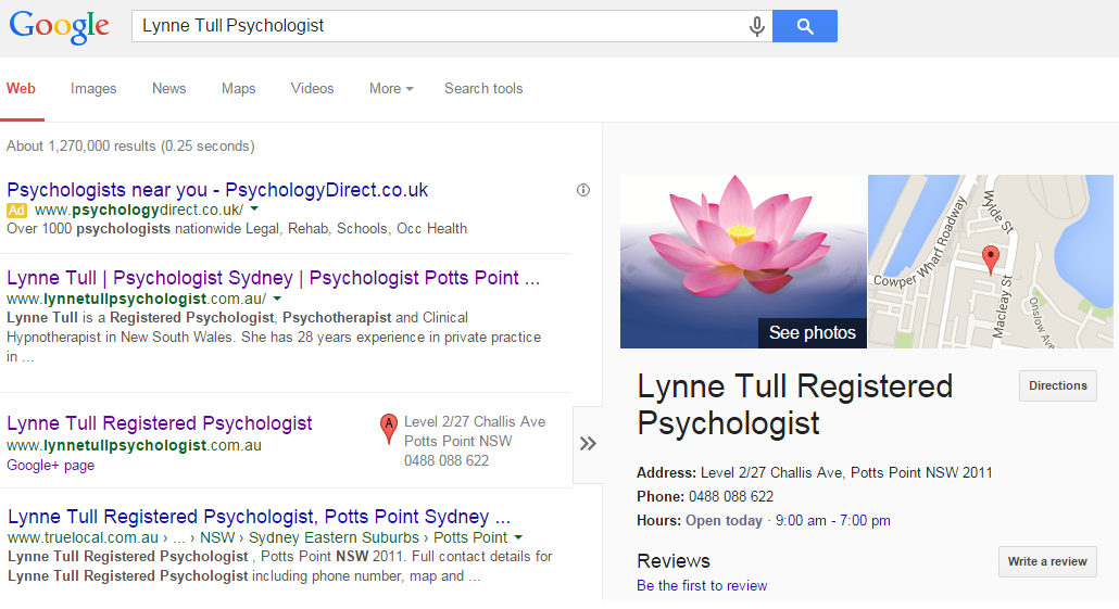 Google Business Profile displayed in Google Search results with business information, reviews, location and contact details.