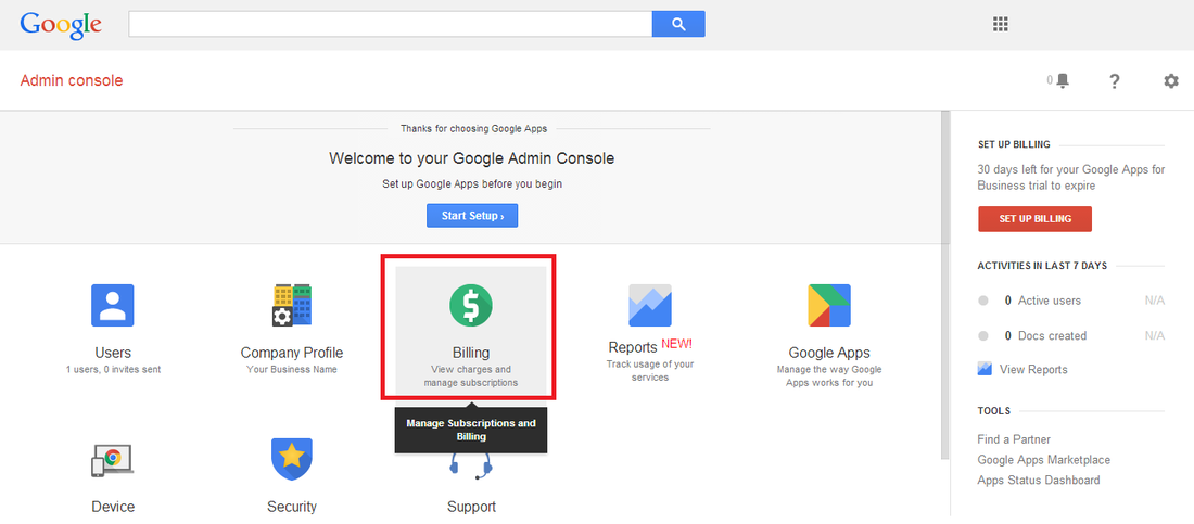 Google Admin Console showing the Billing section for setting up Google Workspace Business email billing and subscriptions.