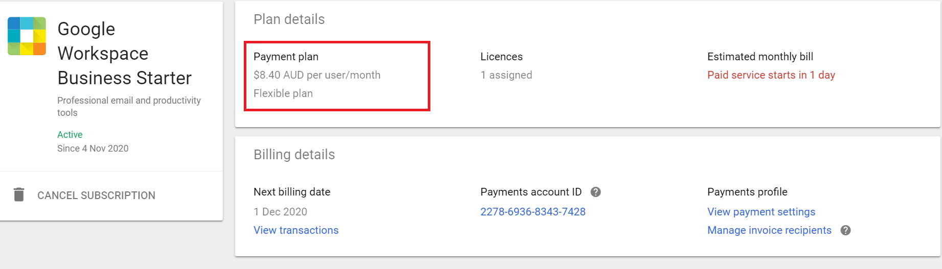Google Workspace Business Starter plan details showing pricing, payment plan, billing information and licence details.