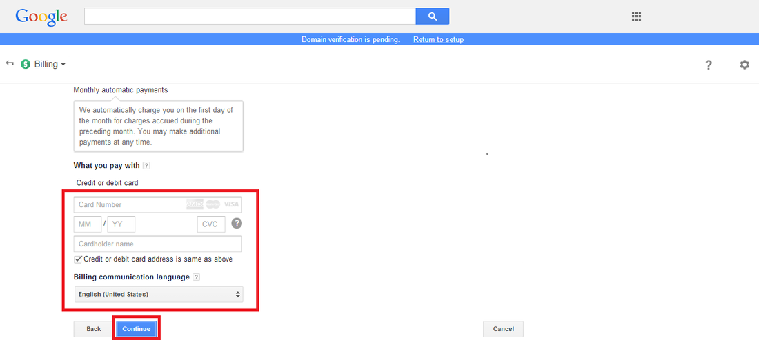 Google Workspace billing page showing credit card payment setup for activating a Business email subscription.