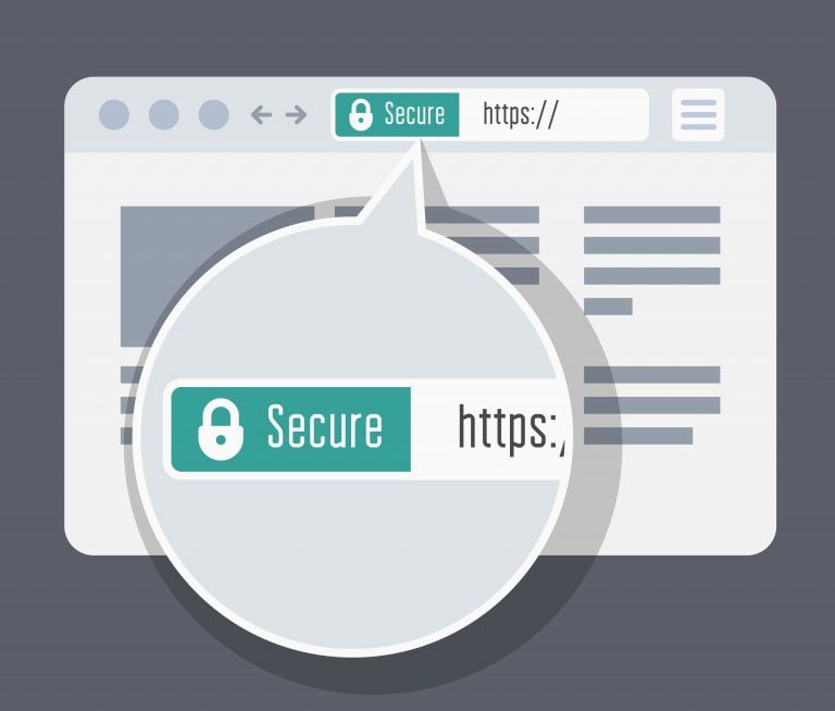 Illustration of a secure HTTPS website protected with an SSL certificate and encrypted connection.