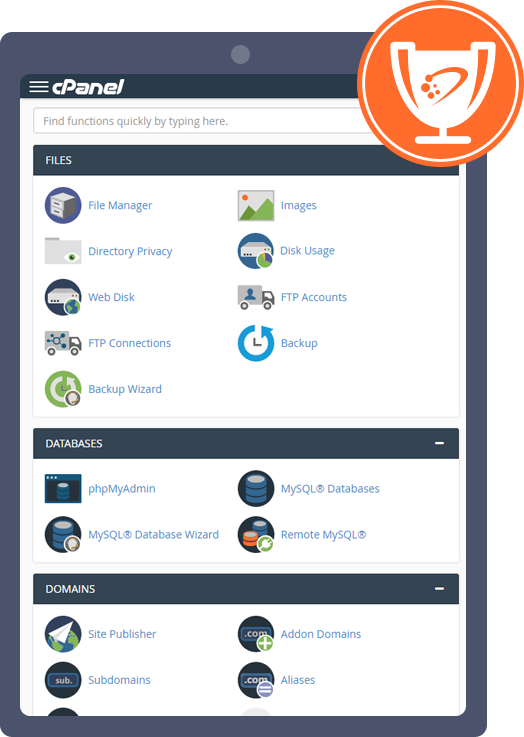cPanel dashboard showing website management tools including email accounts, databases, file manager and domains.